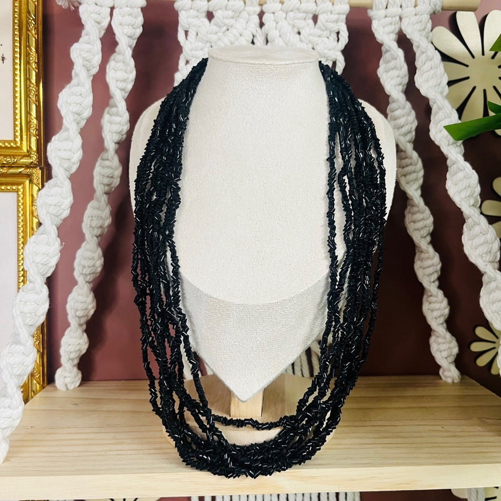 Vintage Multi-Layered Glass Beaded Necklace | Black Statement‎ Jewelry | Gothic